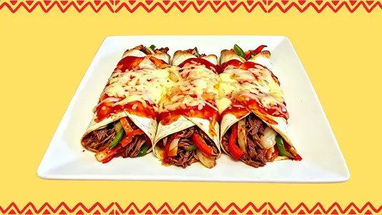 Three 8 inch tortillas wrapped with grilled onions, grilled mixed peppers, salsa, with melted cheese and enchilada sauce