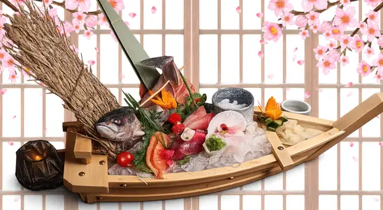 2 pcs yellowtail sashimi, 2 pcs tuna sashimi, 2 pcs mackerel sashimi, 2 pcs scallop sashimi, 2 pcs salmon sashimi, 2 pcs sea