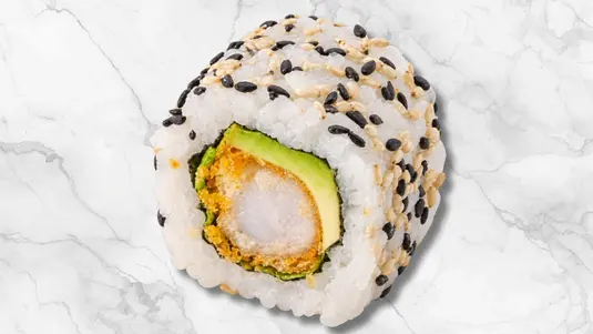 Uramaki roll with crispy prawn katsu, avocado and spicy mayo. — delivery in Cranham RM14