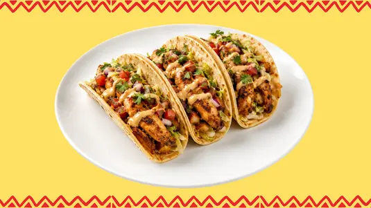 3 pieces hard or soft tacos comes with 6" flour and corn mixed tortillas filled with fajita chicken, lettuce, beans,