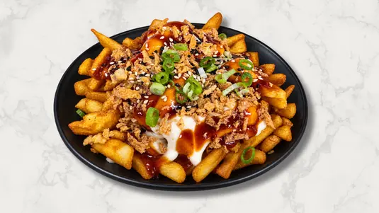 Korean sauce, crunchy onion, spring onion, cheese & house sauce. — collection in Marks Gate RM5