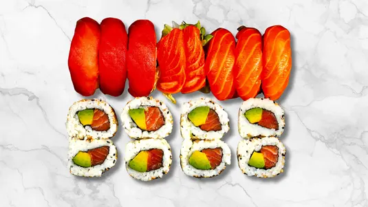 3pc salmon nigiri, 3pc tuna nigiri, 3pc salmon sashimi & 8pc salmon uramaki. — collection in Marks Gate RM5