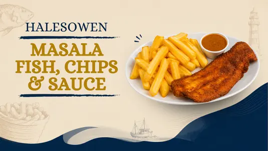 Masala Fish, Chips & Sauce