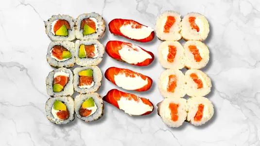4pc salmon cheese nigiri, 8pc salmon avocado & cream cheese uramaki & 8pc salmon snow roll. — delivery in Cranham RM14
