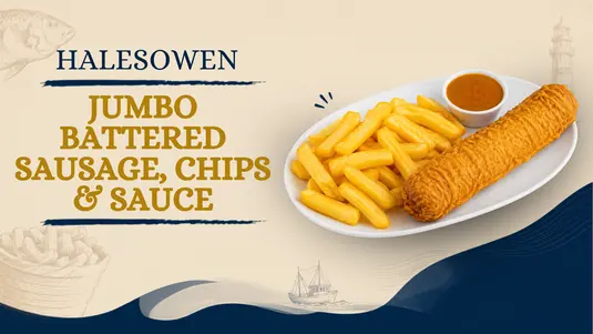 Jumbo Battered Sausage, Chips & Sauce