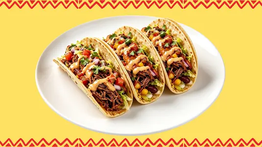 3 pieces hard or soft tacos comes with 6" flour and corn mixed tortillas filled with pulled beef barbacoa, lettuce, beans,