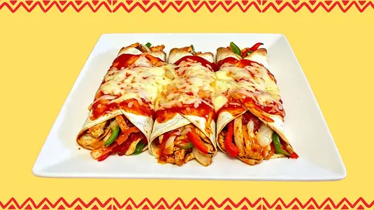 Three 8 inch tortillas wrapped with grilled onions, grilled mixed peppers, salsa, with melted cheese and enchilada sauce