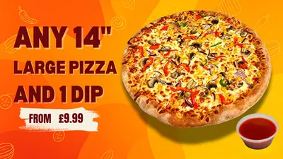 Any 14 Inch Large pizza and 1 dip