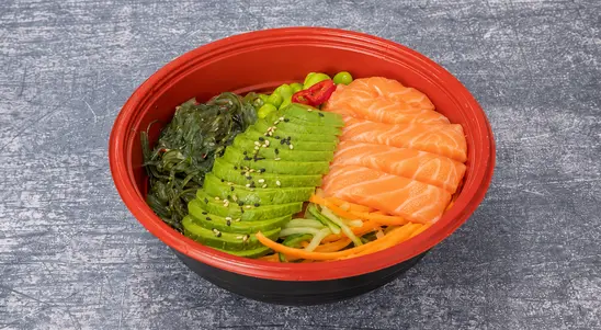 Fresh salmon served over sushi rice & cucumber, carrot, edamame beans, seaweed salad, avocado & sweetcorn.