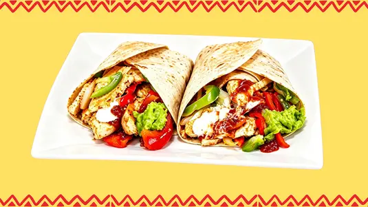 Two 10 inch tortilla wrap, comes with grilled onion, grilled mix pepper, sour cream guacamole & salsa