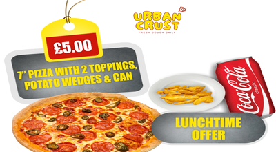 7" Pizza with 2 toppings, potato wedges & a can