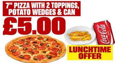 7" Pizza with 2 toppings, potato wedges & a can