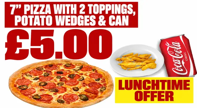 7" Pizza with 2 toppings, potato wedges & a can