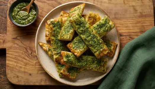 Freshly baked pizza dough with a pesto base and topped with mozzarella — delivery in Broom S60